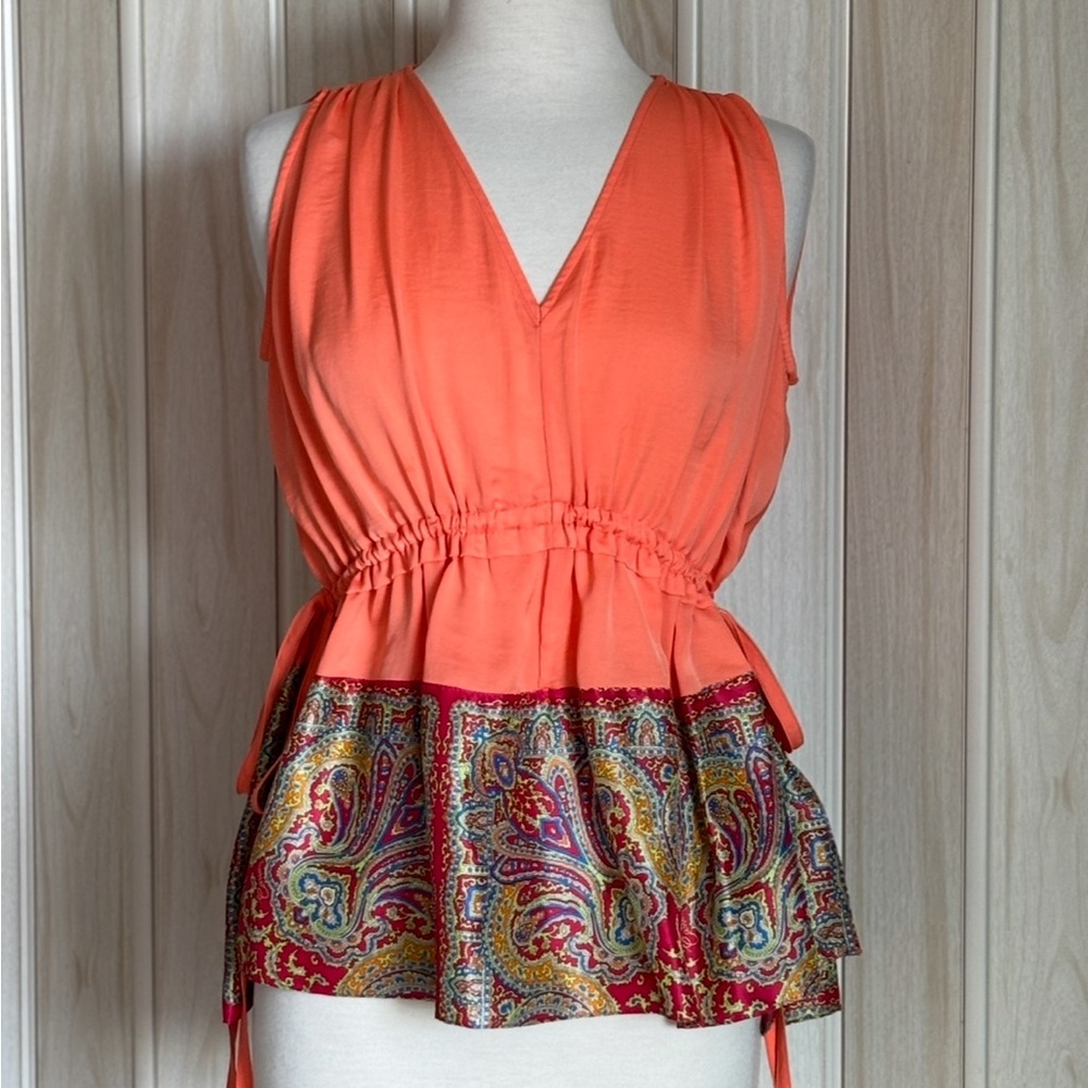 Carven Orange Peplum Blouse Sleeveless Asymmetrical